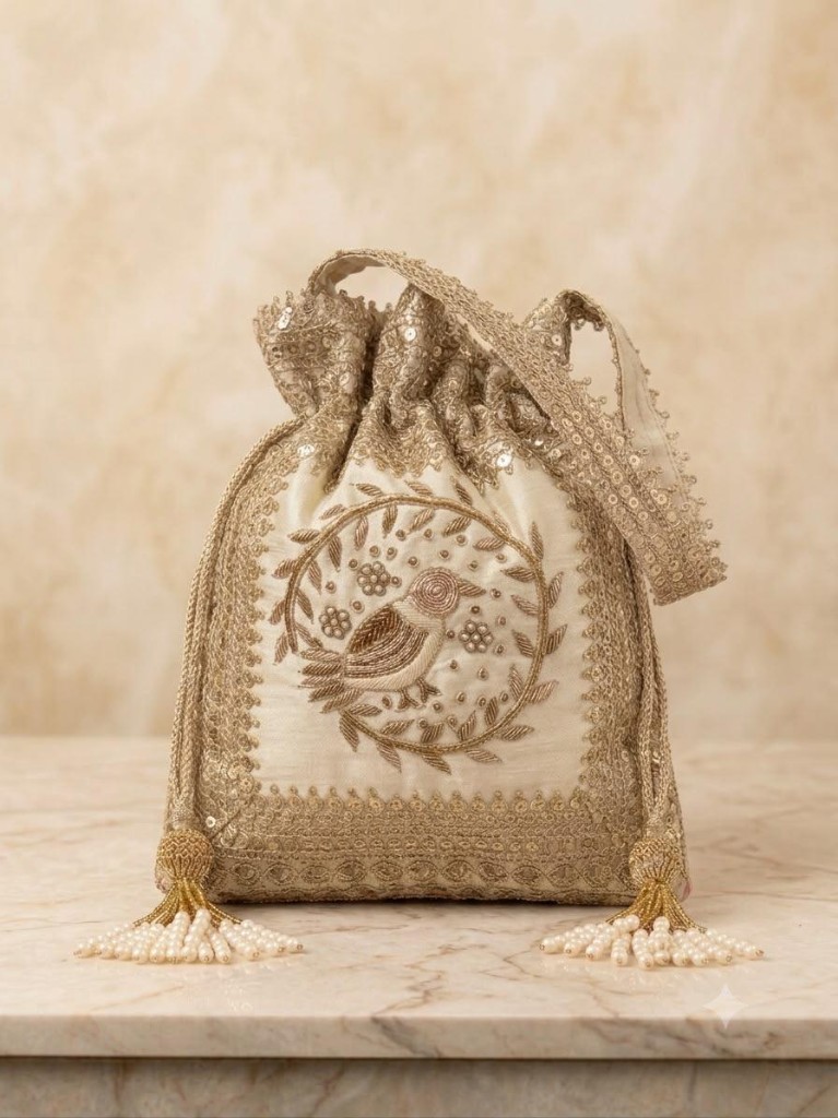 Ivory embroidered bird potli