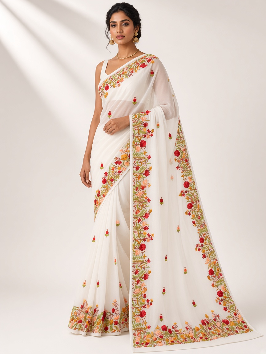 Ivory saree with colourful aari work